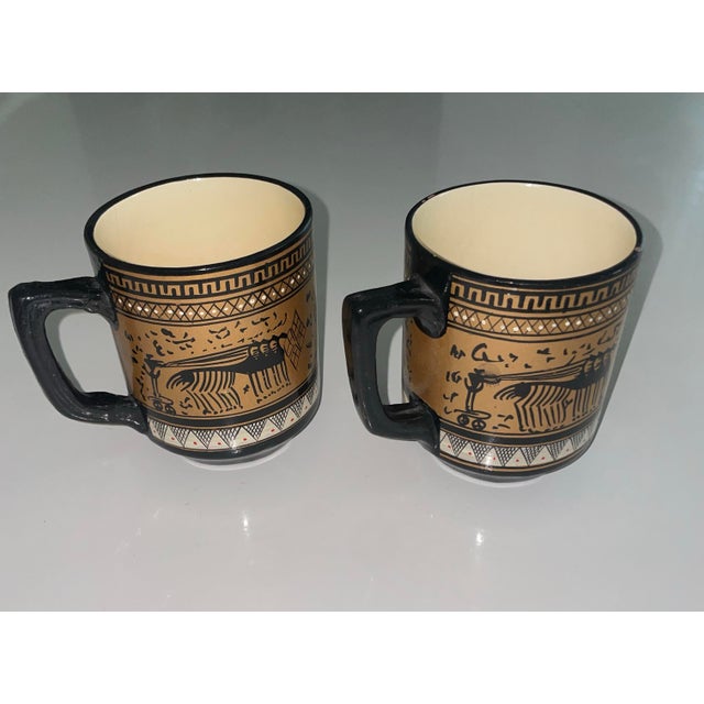 Vintage Greek Handcrafted Coffee Mug Pair Black and Gold Diameter is approximately over 3 inches