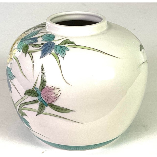 Japanese Vintage L J Japan, Hand Painted Peonies on Porcelain Globular Vase For Sale - Image 3 of 8