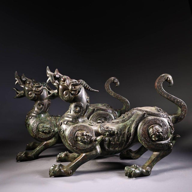 Green Late 20th Century Pair of Archaic Style Bronze Mythical Beast Figures For Sale - Image 8 of 10