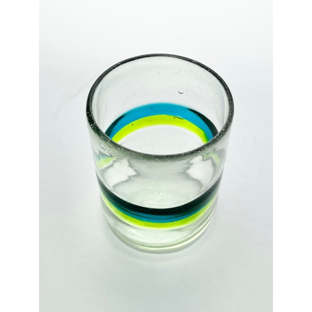 2010s 4 Mexican Handblown Aqua Blue Lime Green Banded Tumbler Drinking Glasses For Sale - Image 5 of 6