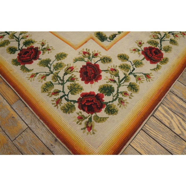 1890s Ivory Roses Floral Antique English Needlepoint Rug 6'10" X 7'6" Flatweave Wool Carpet For Sale In New York - Image 6 of 6