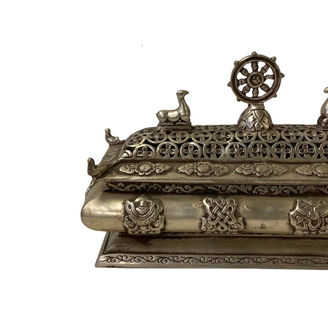 Chinese Tibetan Silver Color Rectangular Shape Incense Burner Display For Sale - Image 9 of 9