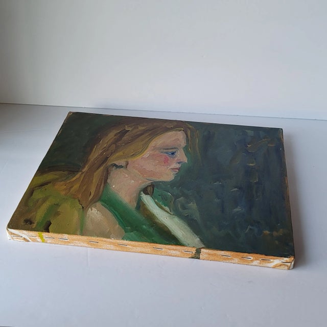 Portrait of Woman with Blonde Hair Oil on Canvas Signed 11x14 Green Yellow 11x14" portrait Oil on stretched canvas Signed...