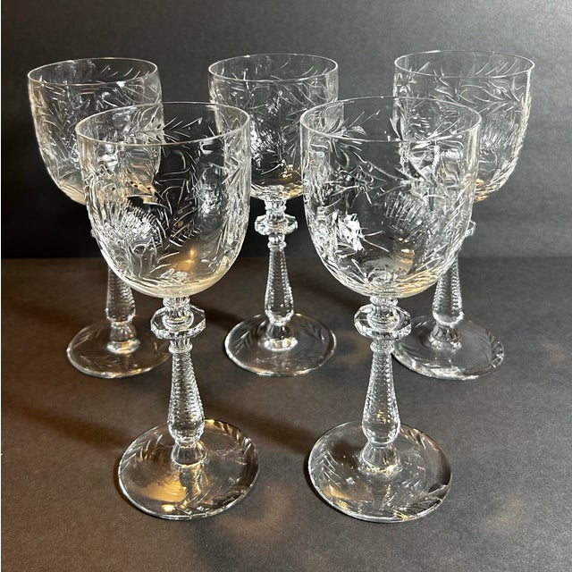 Art Deco Antique 1930’s Rock Sharpe Crystal Stem Wine Glasses Paisley Pattern Set of 5 For Sale - Image 3 of 9