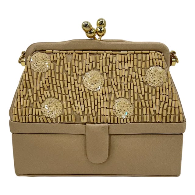 Judith Leiber Vintage Tan Silk Wood Bead Sequin Two Tier Minaudiere Bag For Sale