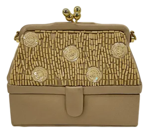 Judith Leiber Vintage Tan Silk Wood Bead Sequin Two Tier Minaudiere Bag