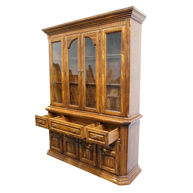 Brown High End Vintage Solid Oak Rustic European 62" Buffet W. Lighted Display China Cabinet 7080-67 / 7080-68 For Sale - Image 8 of 14