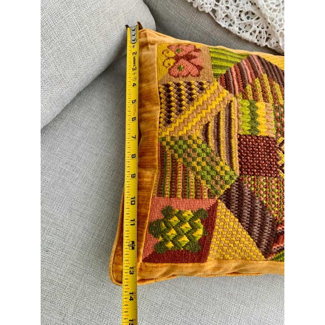 Vintage Handmade Bargello Needlepoint Embroidered Decor Pillow 14” X 14” Wool Yarn Back to Velvet Mustard Green Bronze For Sale - Image 12 of 12