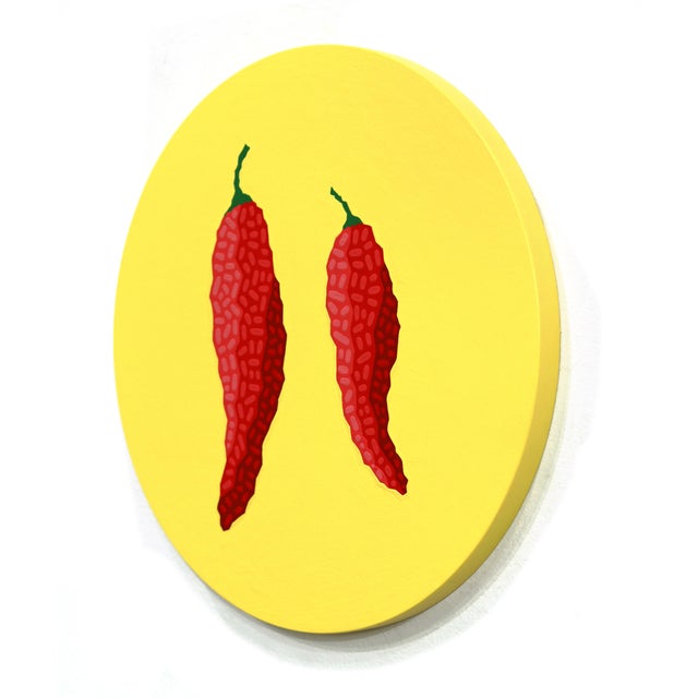 Contemporary Circle Fresnos - Vibrant Abstract Peppers Still Life Painting on Panel - Original Artwork by Will Beger For Sale - Image 3 of 9
