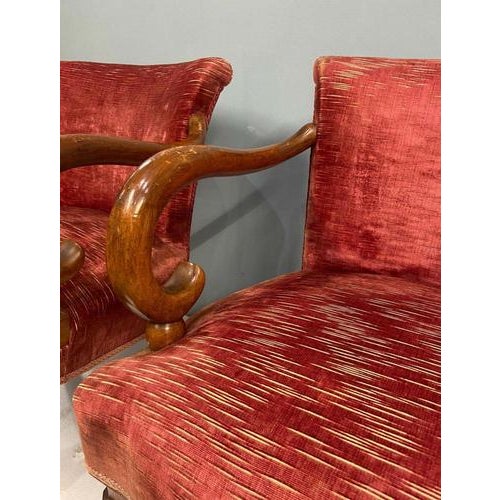Red Regency Revival Armchairs in Mahogany, 1930s, Set of 2 For Sale - Image 8 of 9