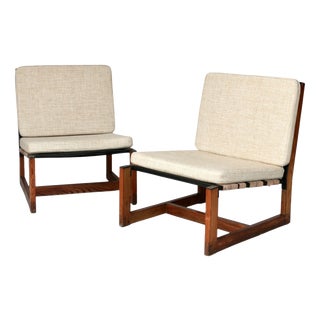 Lounge Chairs with Wooden Frames, Fabric Strap Seats, Metal Slat Backrests and Beige Upholstery France, 1950s, Set of 2 For Sale
