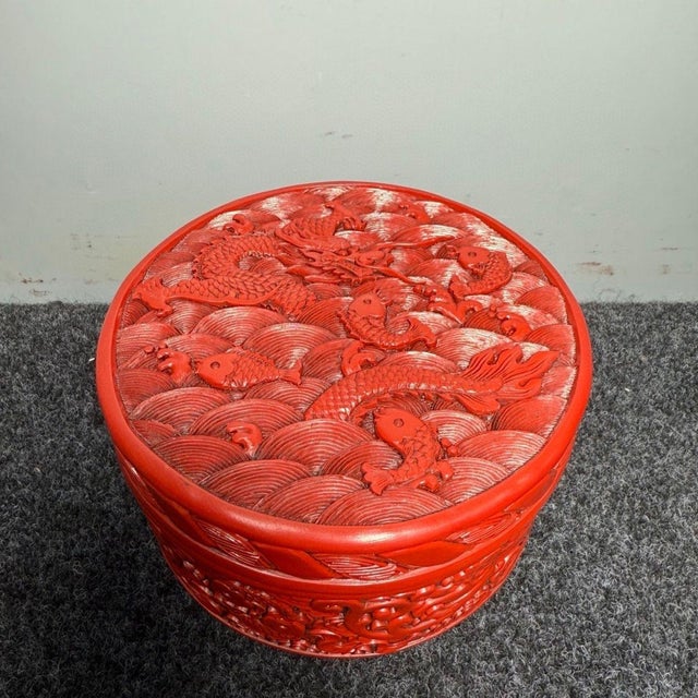 Asian 1970s Carved Cinnabar Lacquer Round Box, Dragon and Carp Among Waves, Lidded Scholar's Seal Paste Box For Sale - Image 3 of 9