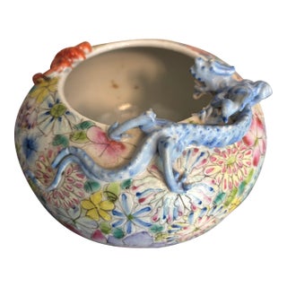 Vintage Chinese Porcelain Dragon Bowl Famille Rose Floral Jardiniere For Sale