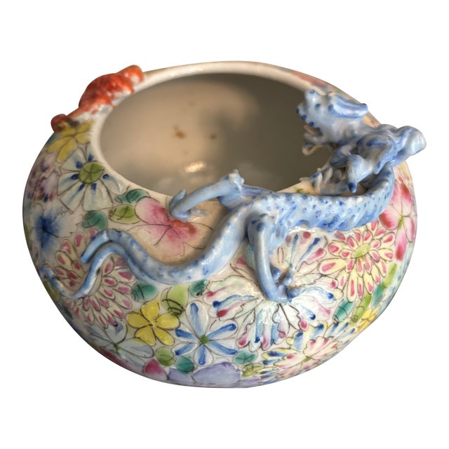 Vintage Chinese Porcelain Dragon Bowl Famille Rose Floral Jardiniere For Sale