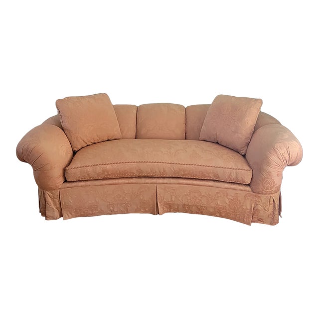 Vintage Baker Furniture Curved Sofa in Peach Damask Upholstery For Sale