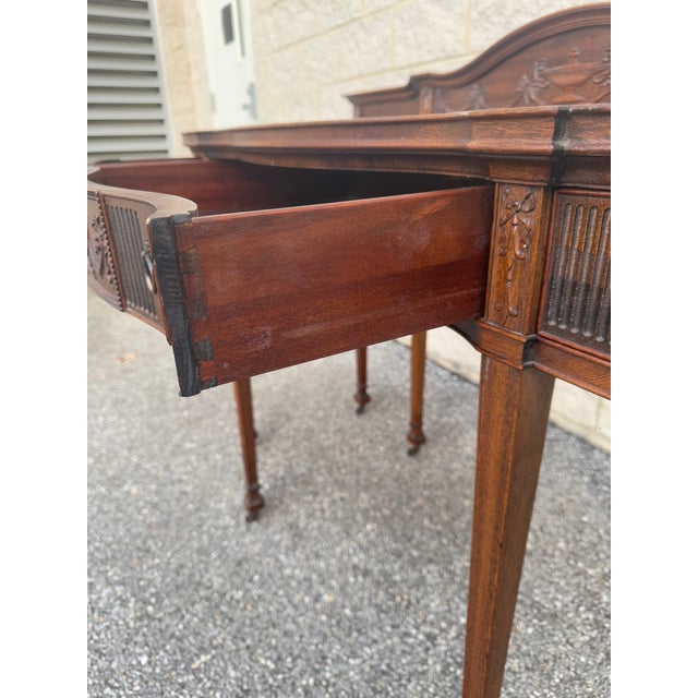 Early 20th Century Federal-Style Mahogany Bow-Front Sideboard With Carved Backsplash and Brass Hardware For Sale - Image 5 of 12