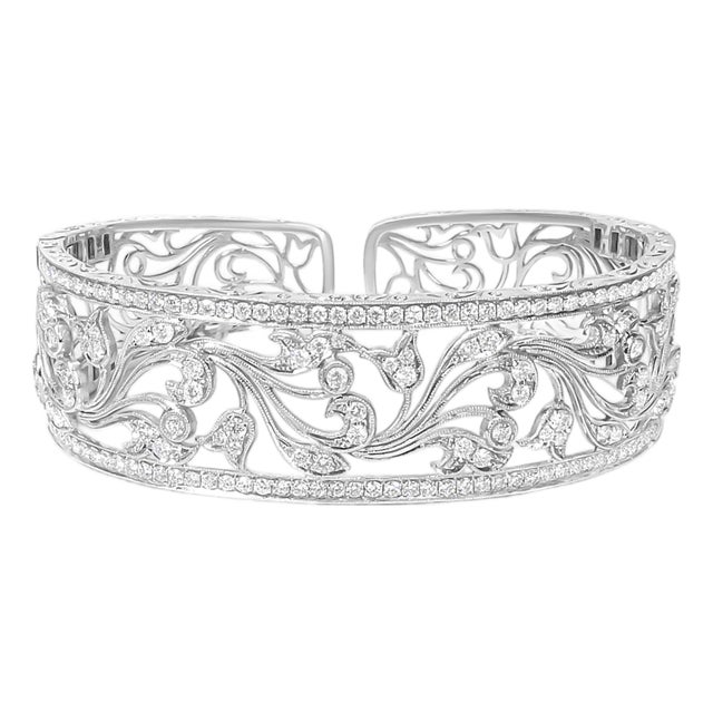 18K White Gold 3 1/4 Cttw Pave Diamond Openwork Floral Filigree Swirl Bangle Cuff Bracelet For Sale