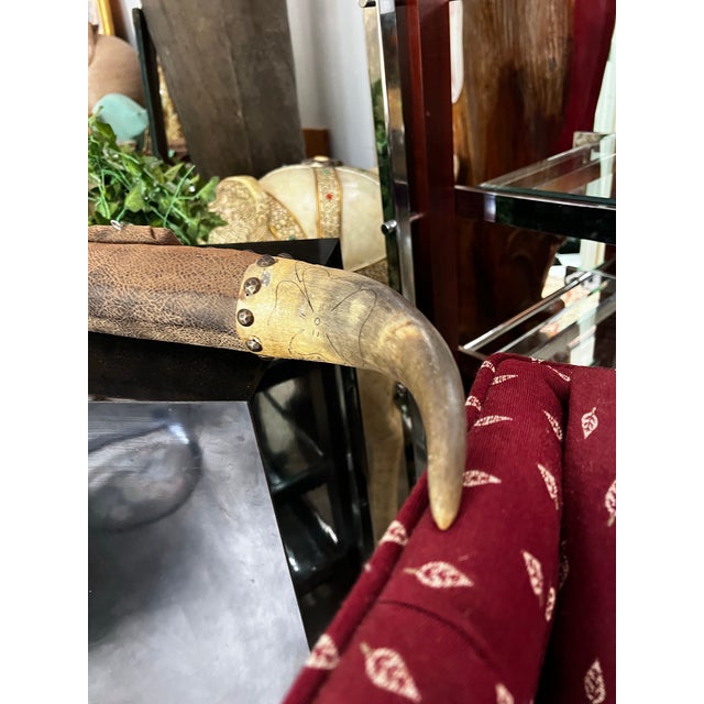 Rustic European Vintage Horns and Leather Wall Hanging With Studded Details For Sale - Image 3 of 12