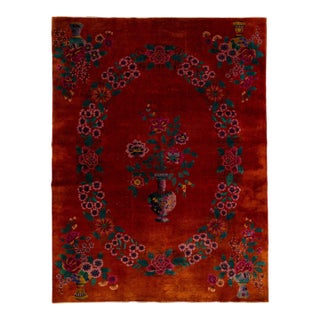 Red Antique Art Deco Handmade Chinese Floral Pattern Wool Rug For Sale