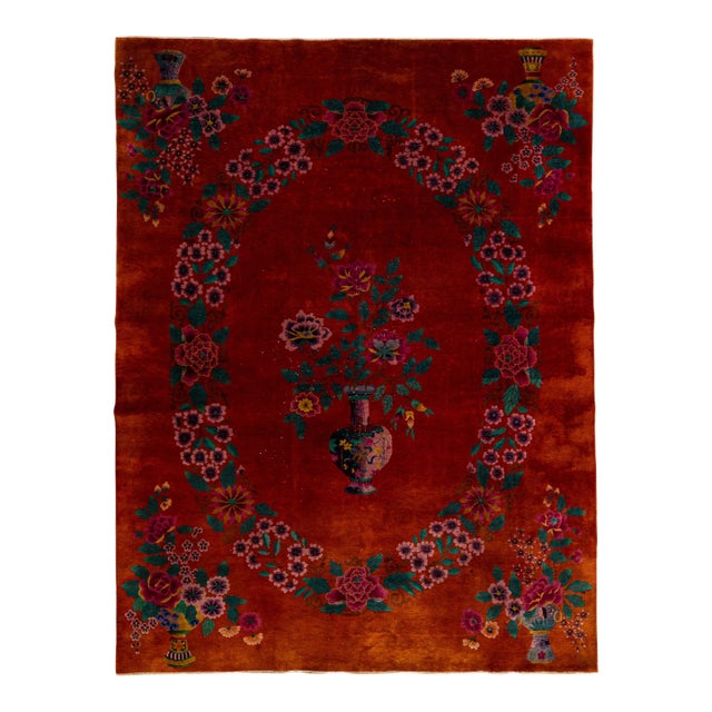 Red Antique Art Deco Handmade Chinese Floral Pattern Wool Rug For Sale