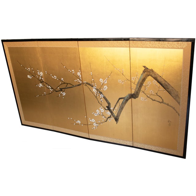 Japanese "Sakura", C. 1960s Showa Era Japanese Painted Byobu Screen For Sale - Image 3 of 18