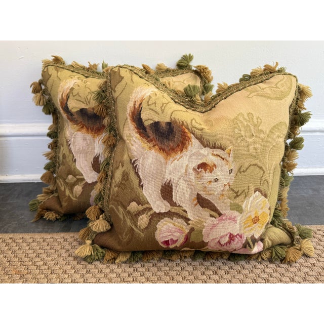 Vintage Tasseled Aubusson Tapestry Throw Pillows, a Pair For Sale - Image 6 of 6
