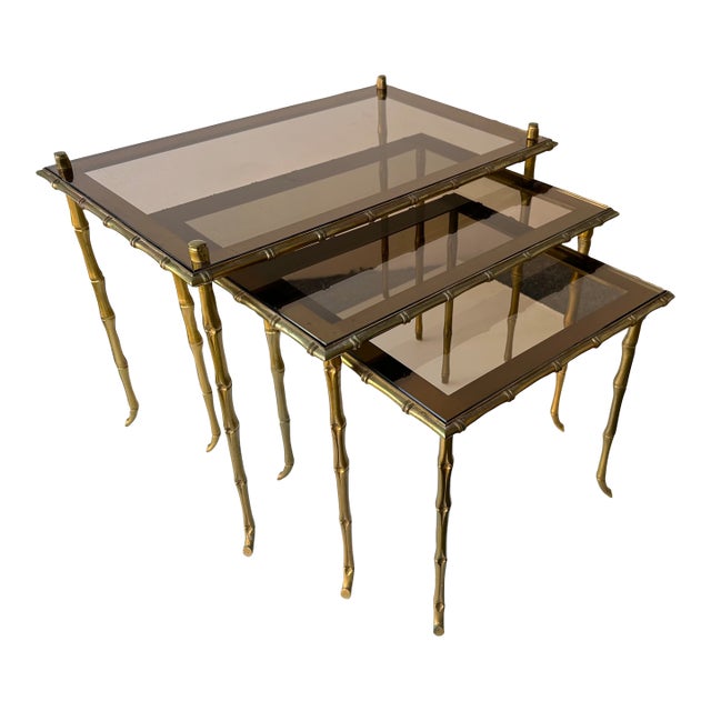 Set of 3 Nesting Tables Bamboo Gilt Bronze by Maison Baguès. France, 1960s For Sale