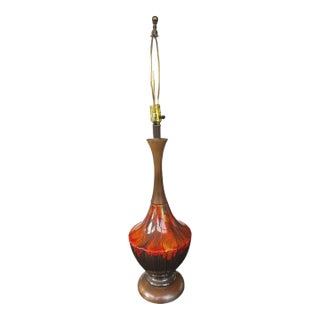 Mid-Century Glazed Lamp with Walnut Base For Sale