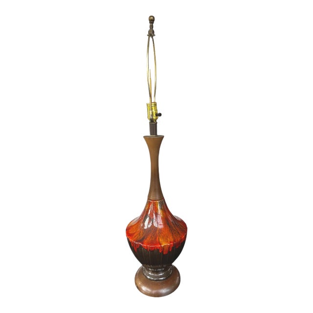 Mid-Century Glazed Lamp with Walnut Base For Sale