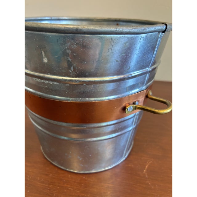 Farmhouse Vintage Metal Bucket With Copper Accent Band and Brass Handles For Sale - Image 3 of 9