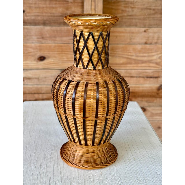 Vintage Boho Handmade Rattan & Ceramic Mixed-Material Vase For Sale - Image 4 of 11