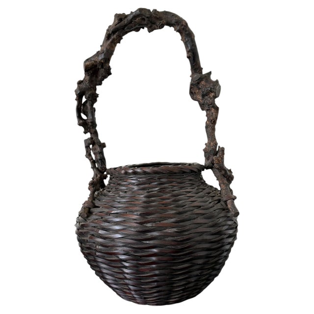 Mid-Century Modern Large Antique Japanese Smoke Bamboo Basket Wisteria Root Handle Meiji Period For Sale - Image 3 of 16