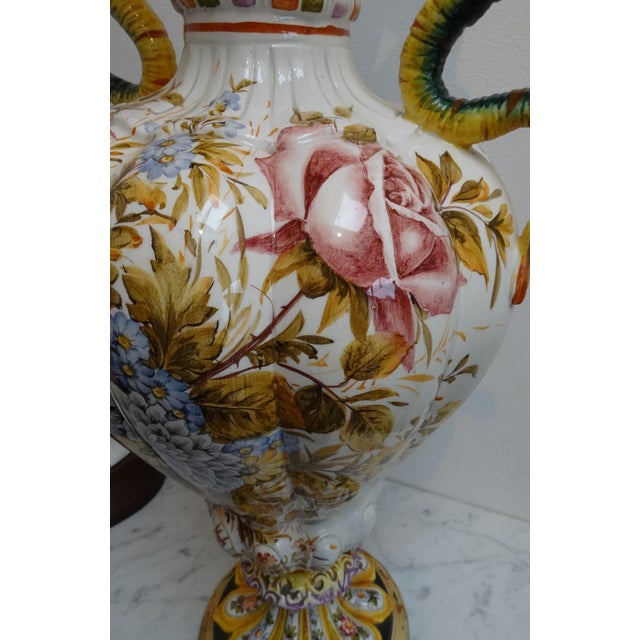 Renaissance Style Hand-Painted Majolica Vase with Flowers and Dragon-Shaped Handles from Nove Bassano, Italy, 1950s For Sale - Image 11 of 17