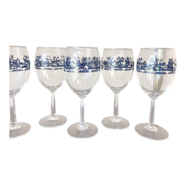 Mid 20th Century Blue Willow Wine Glasses Set 8 For Sale
