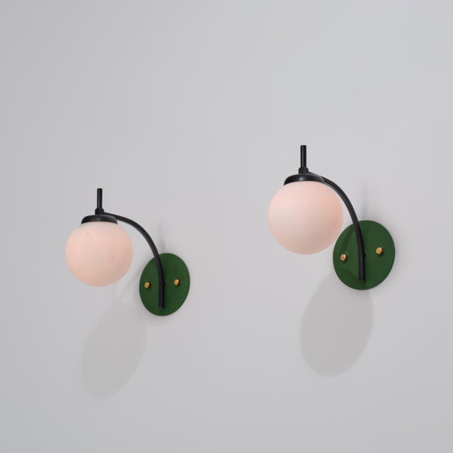 Italian Curved Wall Sconces with Opaline Globes and Green Backplates, 1950s, Set of 2 For Sale - Image 6 of 11