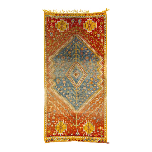 Antique Moroccan Handmade Orange Geometrical Wool Rug For Sale