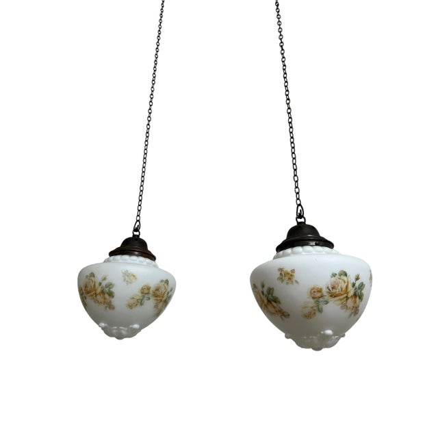 Antique Edwardian Church Painted Pendants in Satin Opaline Milk Glass, 1890s, Set of 2 For Sale - Image 4 of 7