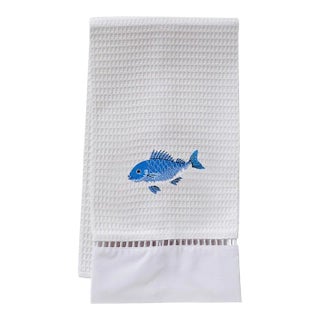 Blue Swimming Fish Guest Towel White Waffle Weave, Ladder Lace, Embroidered For Sale