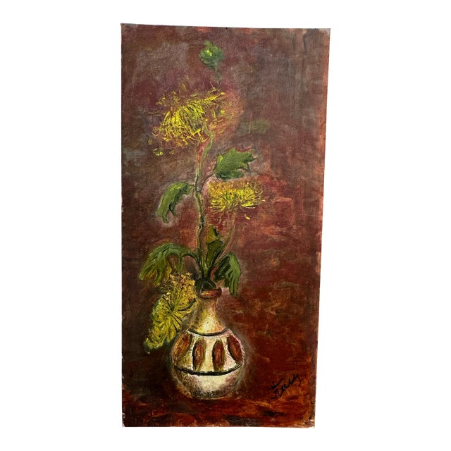 Mid-Century Oil on Board Original Flower in Vase, Signed For Sale
