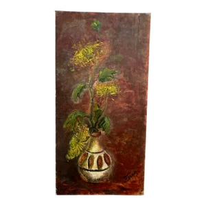 Mid-Century Oil on Board Original Flower in Vase, Signed