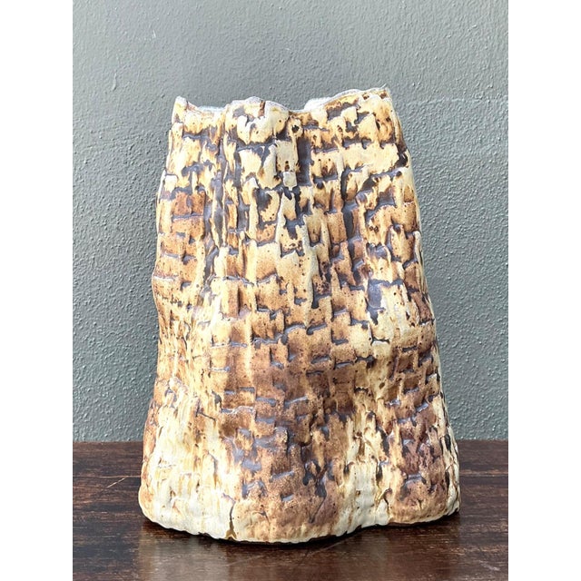 Tan Handcrafted Textured Ceramic Vase For Sale - Image 8 of 18