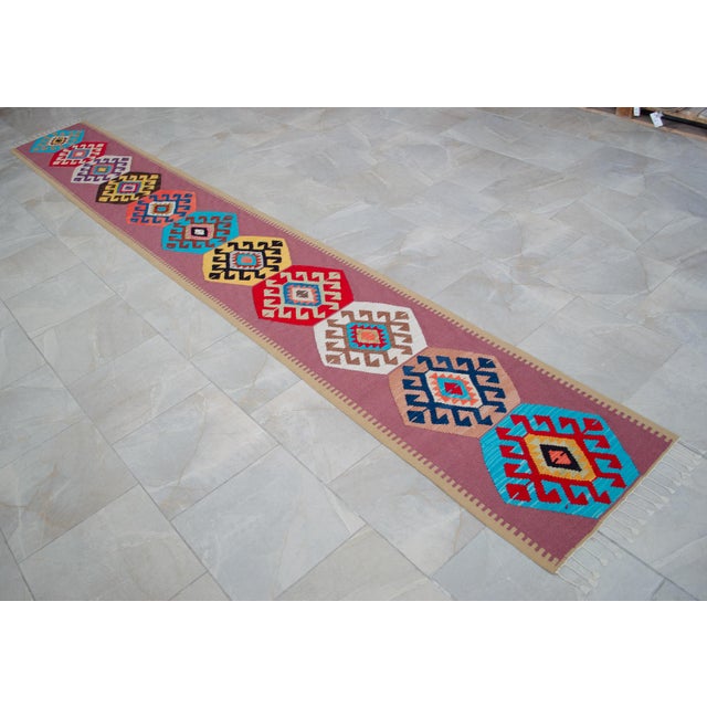 Rose Hand Woven Silk Runner Rug . Full Tribal Design Runner Rug Narrow Runner Rug New - 2′ X 14′6″ For Sale - Image 8 of 14