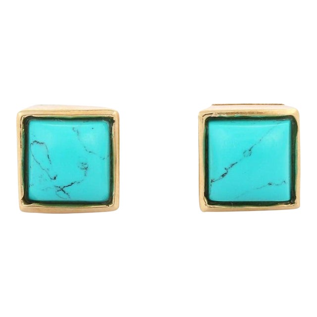 14k Modern Square Shape Turquoise Gemstone Stud Earrings- 2 Pieces For Sale