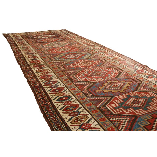 Transitional Antique Kurdish Geometric Beige and Red Wool Persian Runner For Sale - Image 3 of 7