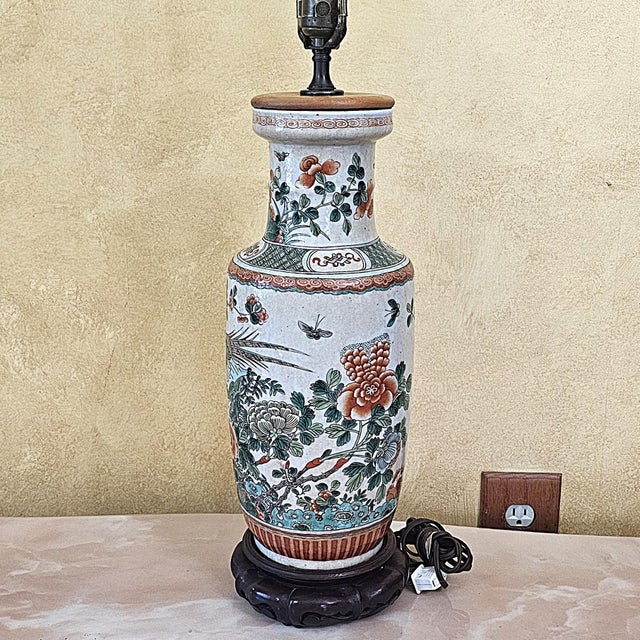 Vintage Chinese Famille Verte Style Porcelain Table Lamp With Hand Painted Birds & Peonies For Sale - Image 14 of 18