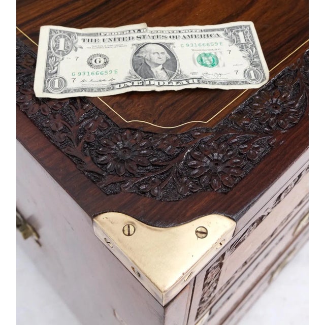 Pair 3 Drawer Solid Rosewood Campaign Style Brass Inlay Decorated Night Stands For Sale - Image 4 of 13