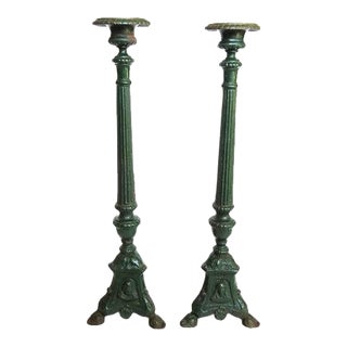 19th Century Cast Iron Floor Candle Stands in Dark Green - a Pair For Sale