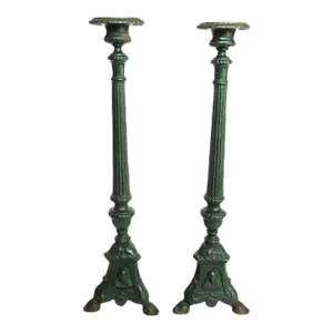 19th Century Cast Iron Floor Candle Stands in Dark Green - a Pair