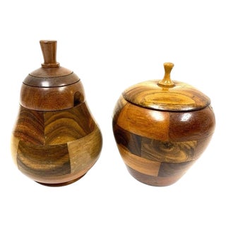 Set of 2, 1960s Hand Crafted Mixed Wood Apple and Pear Lidded Jars For Sale