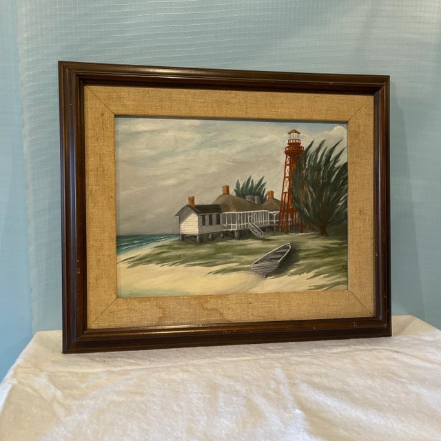 Mid 20th Century "Georgia Lighthouse" Oil Painting, Framed For Sale - Image 6 of 6